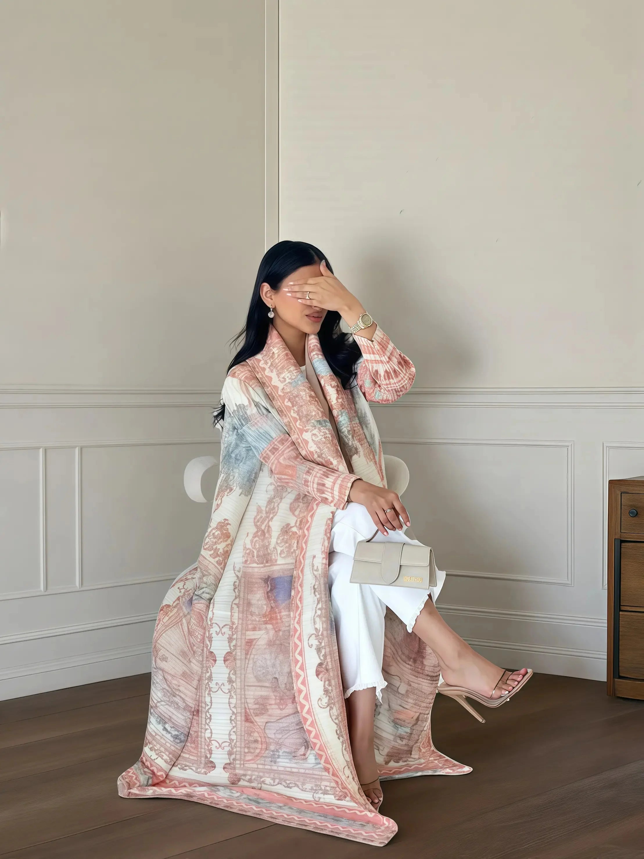 Fold Elegant Vintage Print Open Front Abaya, Lightweight Flowy Loose Fit Women's Modest Fashion Long Kimono Cardigan