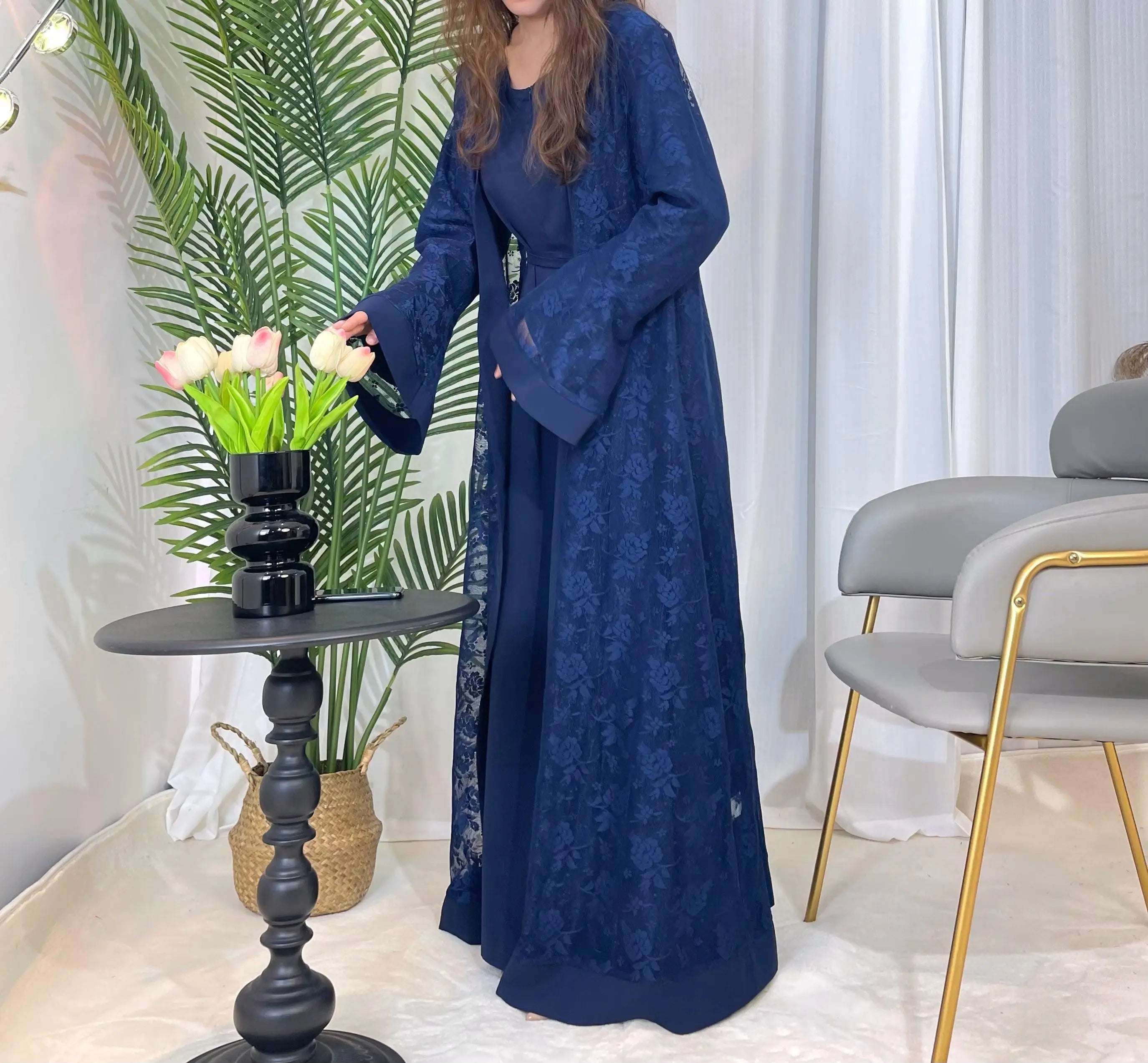 Lace two-piece outfit lace abaya inner dress and cardigan, nida abaya muslim dres