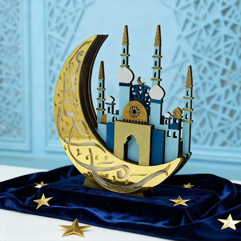 Ramadan Wooden Moon Middle Eastern Festival Decor Eid Mubarak Party Wooden Craft Ornament Festive Tabletop Decoration Home Decor