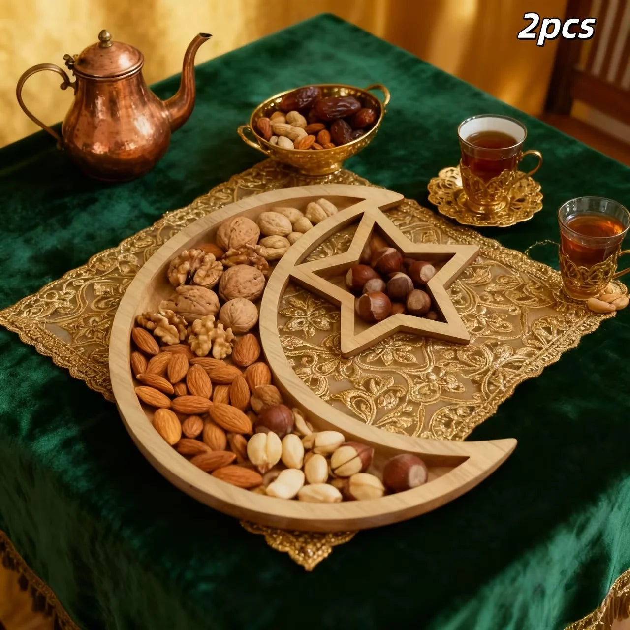 Ramadan Wooden Moon Star Tray Dessert Snack Plate Islamic Muslim Holiday Decoration For Home Decor Birthday Party Festival Celeb