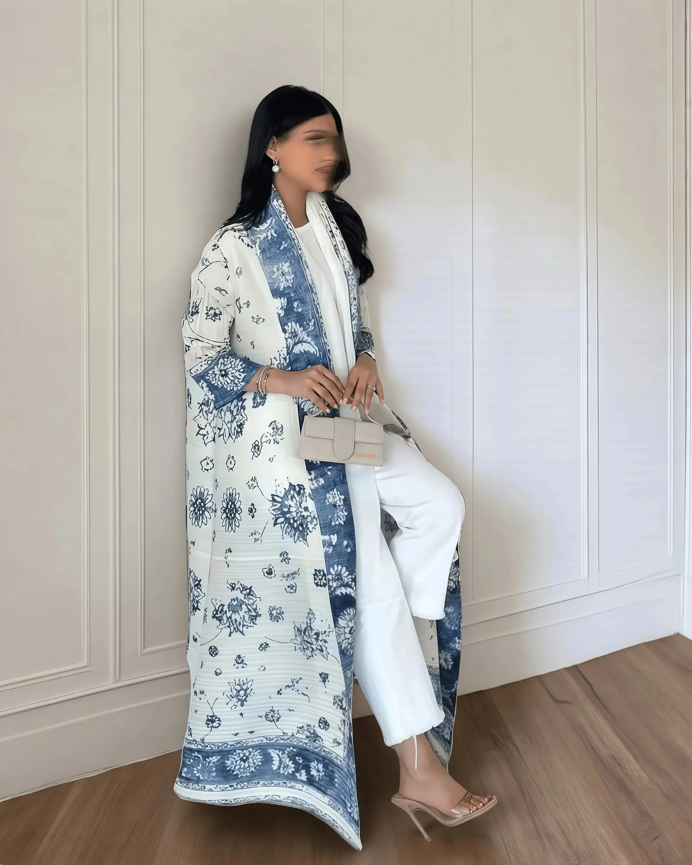 Fold Elegant Vintage Print Open Front Abaya, Lightweight Flowy Loose Fit Women's Modest Fashion Long Kimono Cardigan