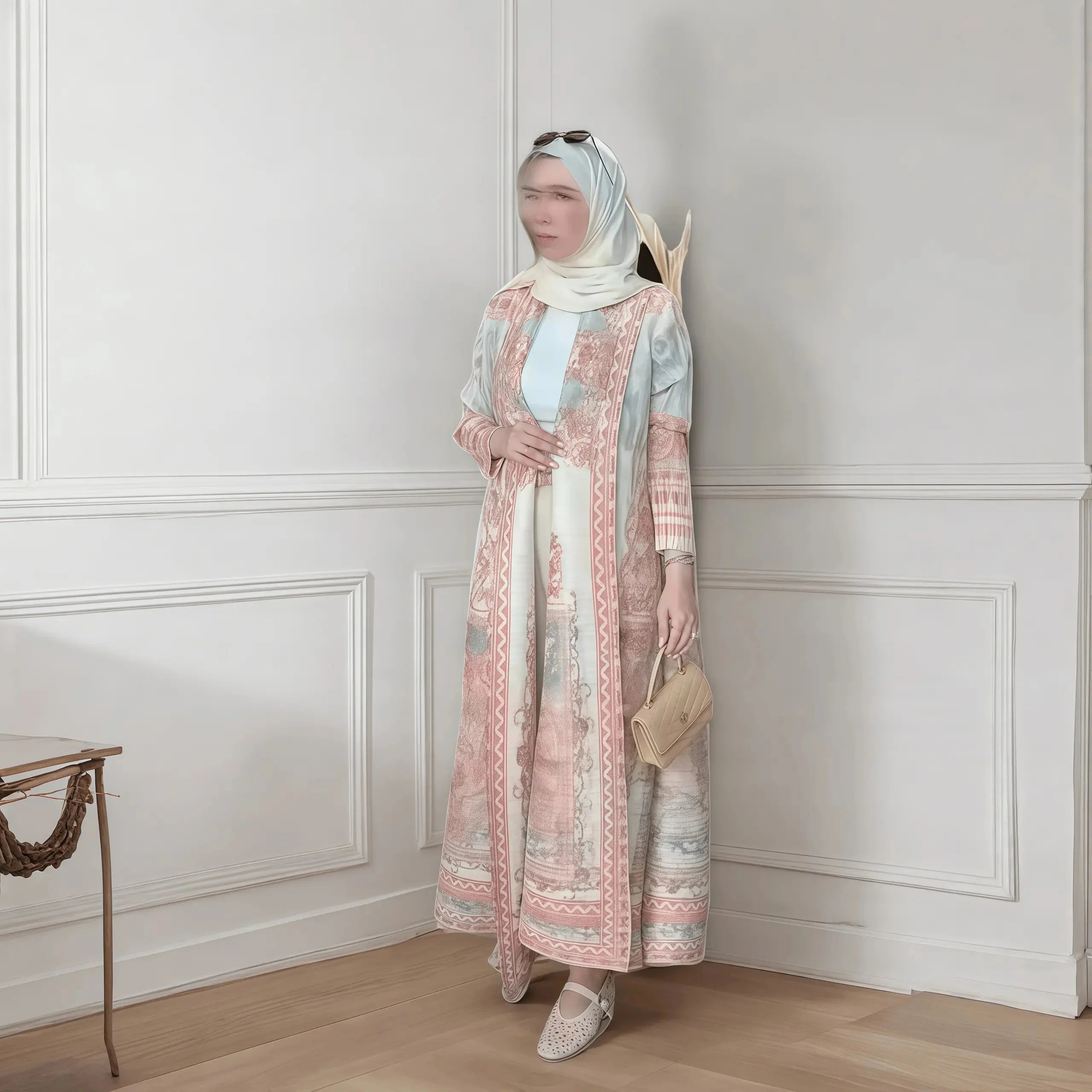 Fold Elegant Vintage Print Open Front Abaya, Lightweight Flowy Loose Fit Women's Modest Fashion Long Kimono Cardigan