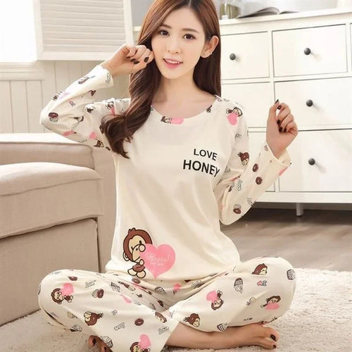 Autumn 2pieces Pyjamas Set Women Thin Sexy Sleepwear Lovely Home Suit 2025 Round Neck Girls Teacup SleepwearLong Sleeve Pajamas