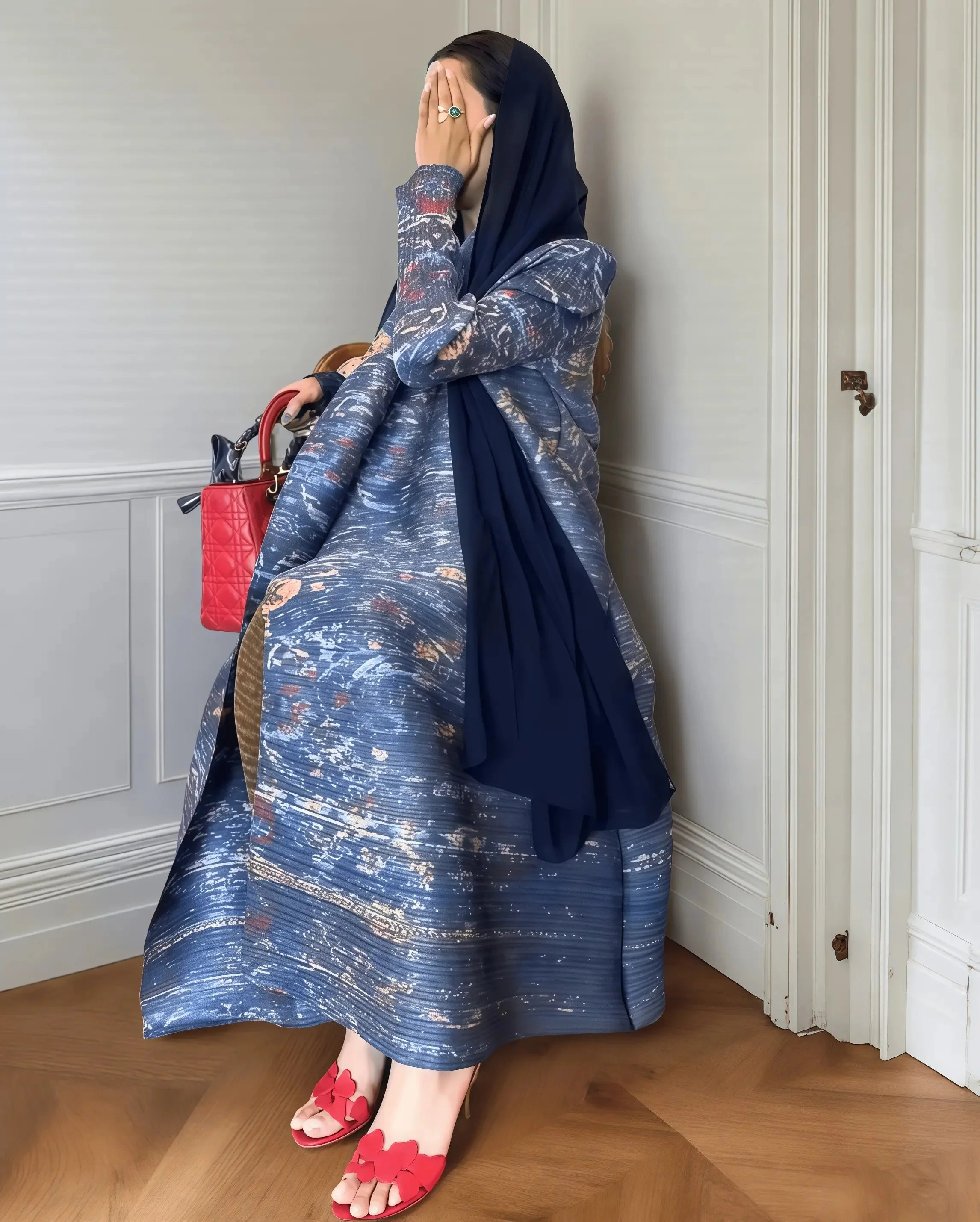 Fold Elegant Vintage Print Open Front Abaya, Lightweight Flowy Loose Fit Women's Modest Fashion Long Kimono Cardigan