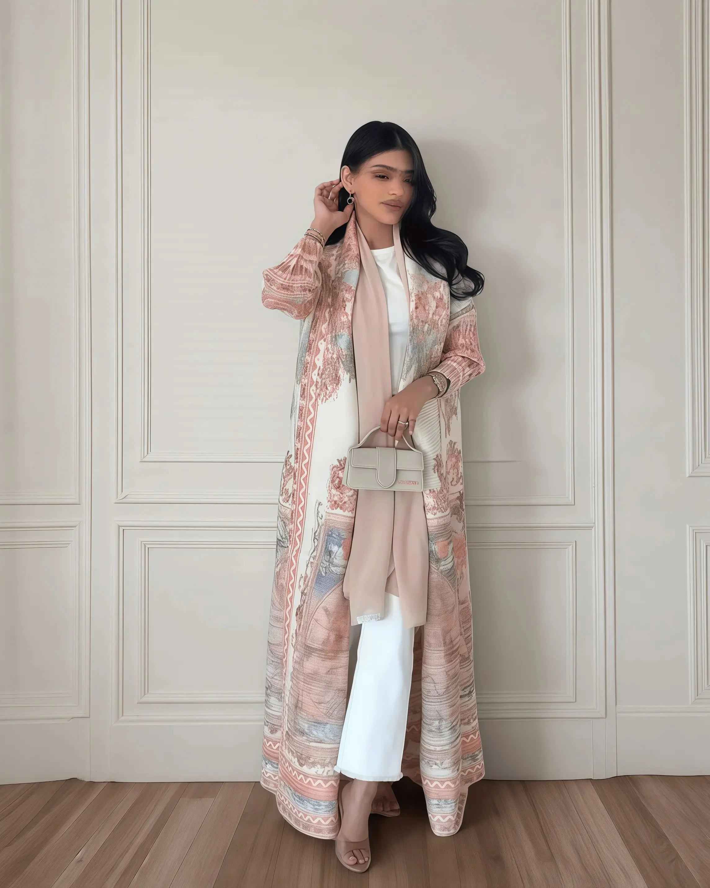 Fold Elegant Vintage Print Open Front Abaya, Lightweight Flowy Loose Fit Women's Modest Fashion Long Kimono Cardigan