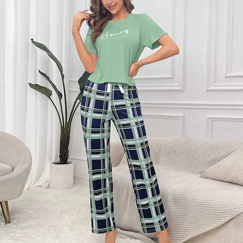 Women's Pajamas Set Casual Home Clothes Soft Comfortable Crew Neck T-Shirt & Plaid Pants Sleepwear Piece Loungewear Pyjama Femme