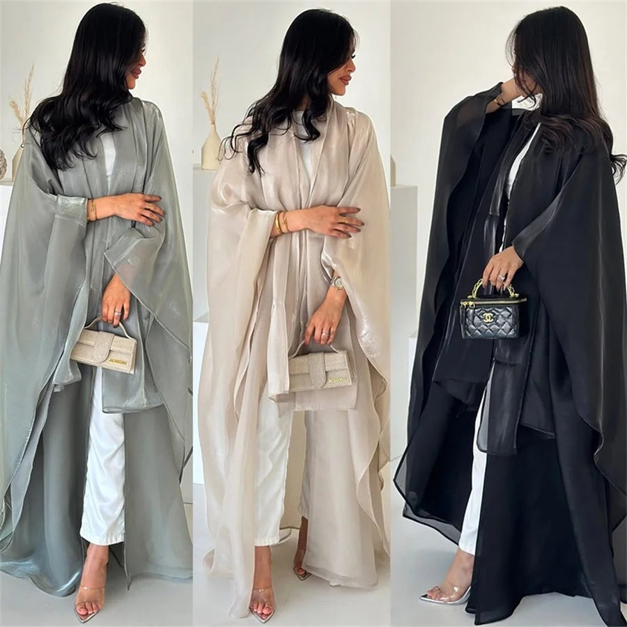 Siskakia New Dubai Mesh Batwing Sleeve Open Kaftans Hijab included Abaya Women's Clothing From Turkey 2025