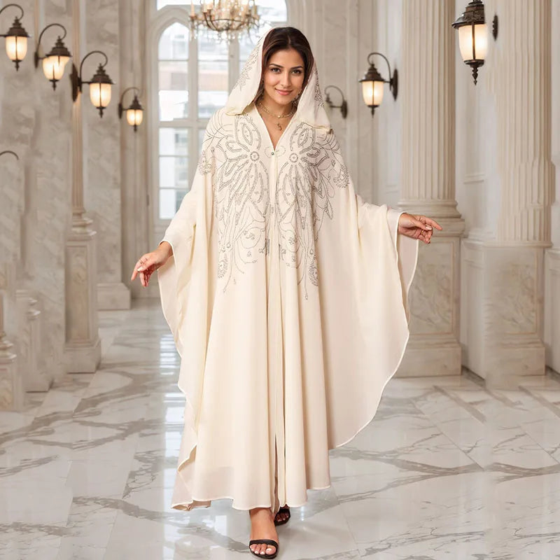 Eid Muslim Dress for Women Bat Sleeve Abaya Luxury Diamond Flower Party Dresses 2025 New Kaftan Cardigan Chiffon Long Robe Lady