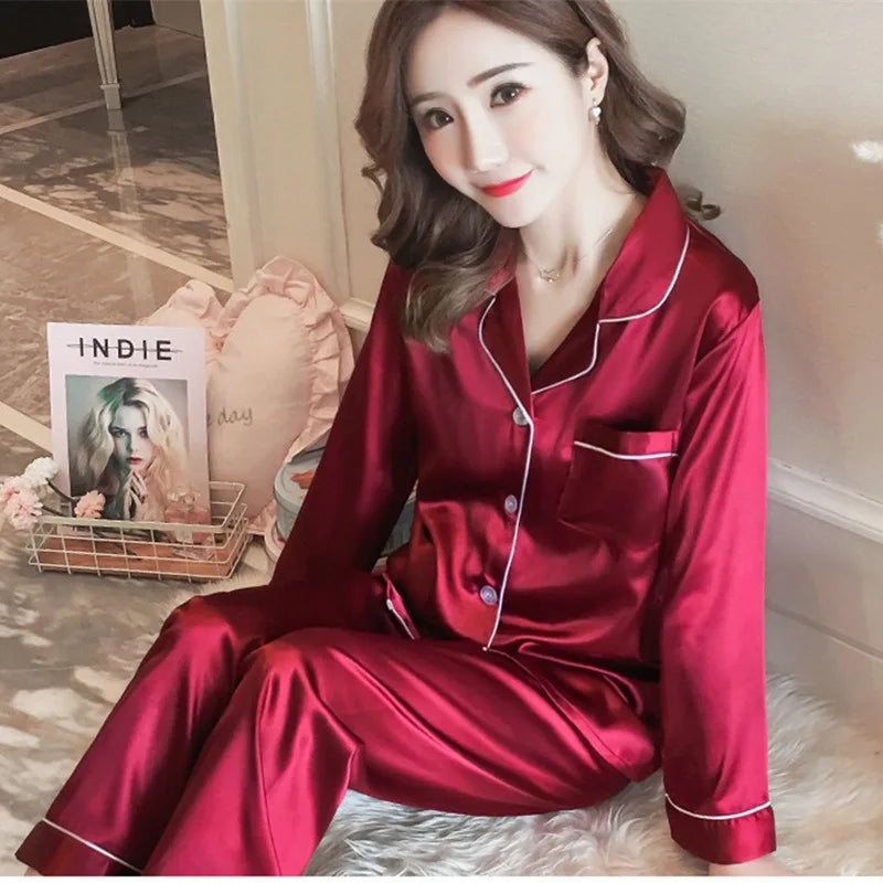 Pajamas Sets for Women 2025 Sexy Silk Women Pijama Sets Sleepwear Long-sleeve Cardigan Set Female Ice Silk Pyjamas Home Clothing