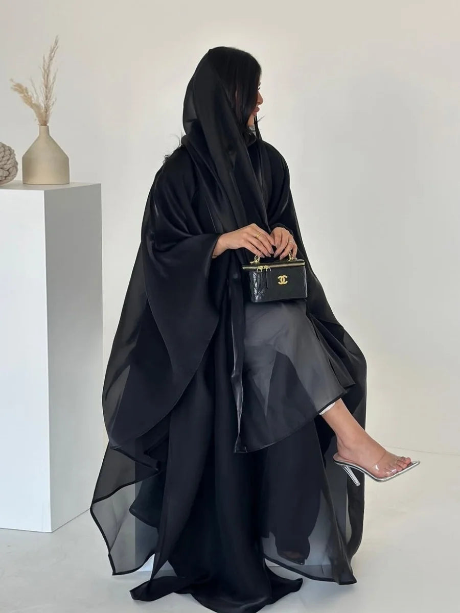 Siskakia New Dubai Mesh Batwing Sleeve Open Kaftans Hijab included Abaya Women's Clothing From Turkey 2025