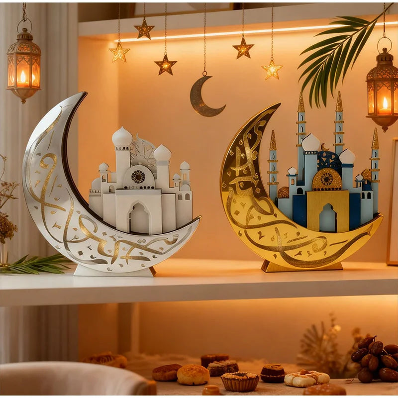 Ramadan Wooden Moon Middle Eastern Festival Decor Eid Mubarak Party Wooden Craft Ornament Festive Tabletop Decoration Home Decor