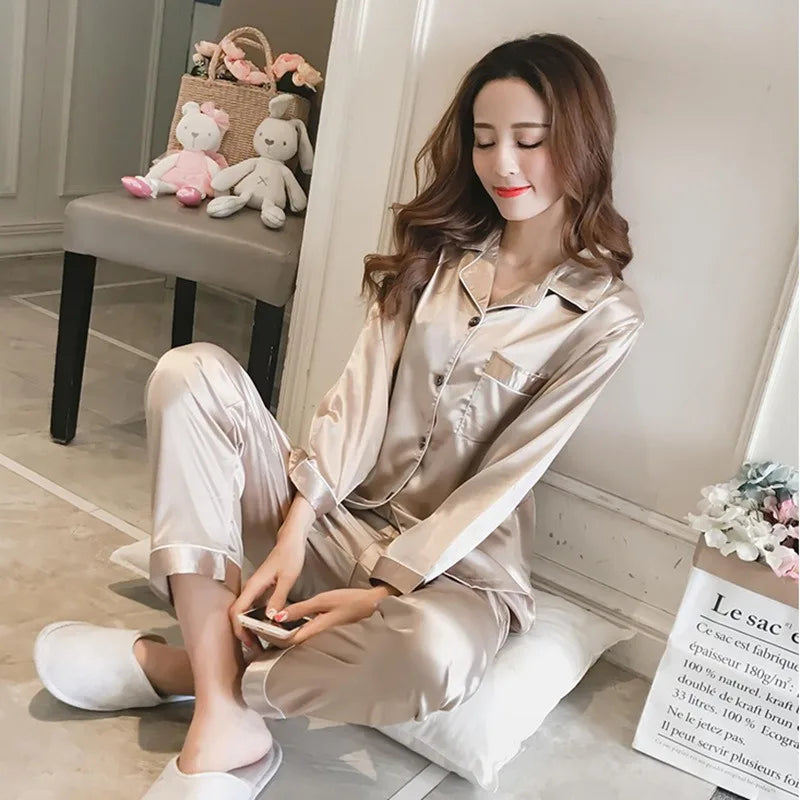 Pajamas Sets for Women 2025 Sexy Silk Women Pijama Sets Sleepwear Long-sleeve Cardigan Set Female Ice Silk Pyjamas Home Clothing