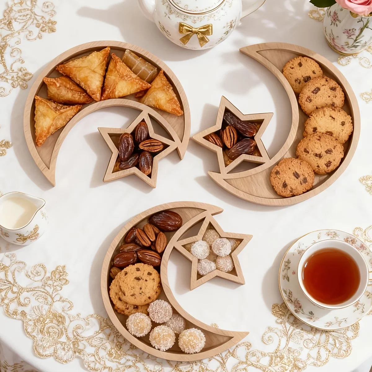 Ramadan Wooden Moon Star Tray Dessert Snack Plate Islamic Muslim Holiday Decoration For Home Decor Birthday Party Festival Celeb