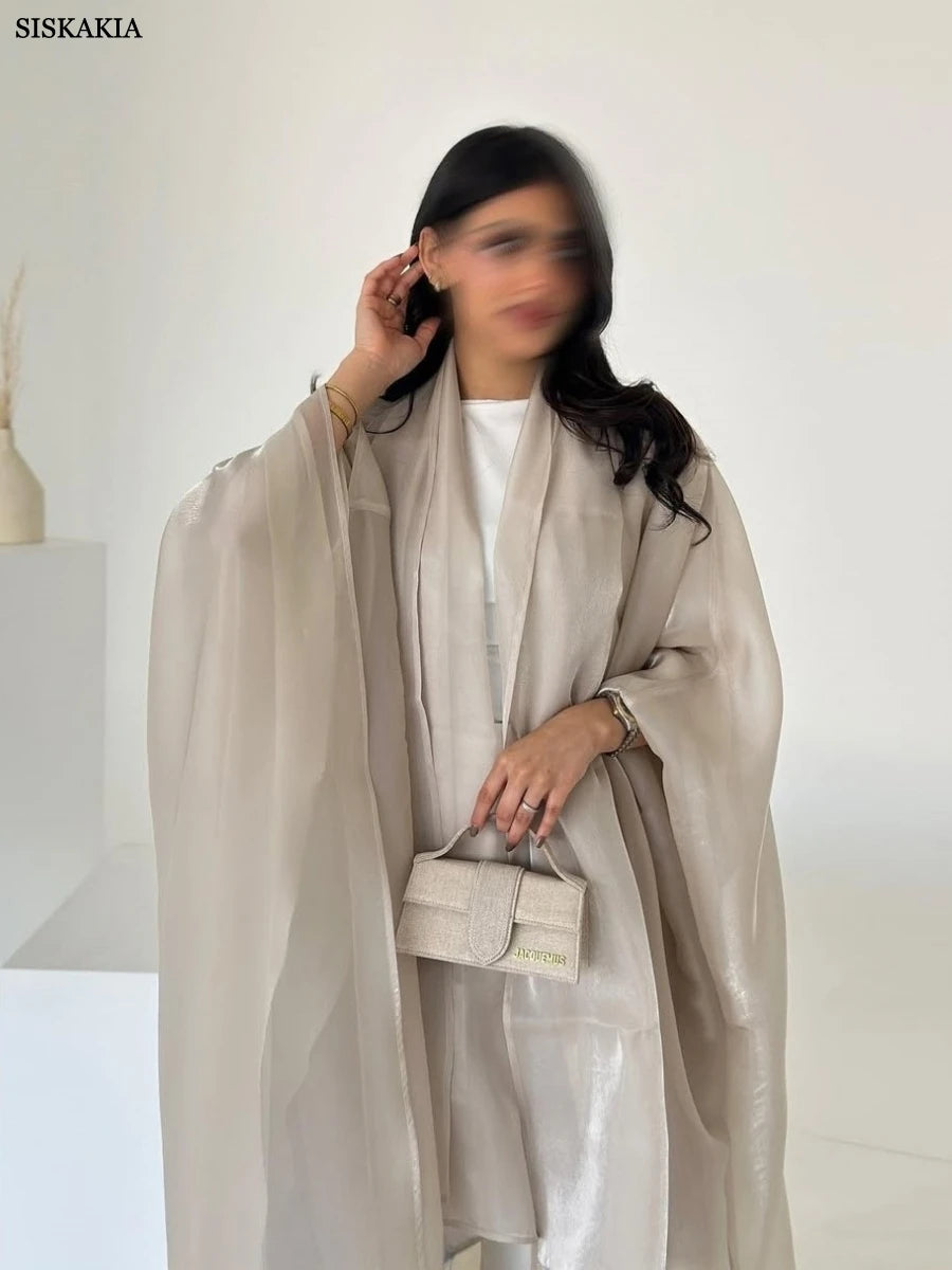 Siskakia New Dubai Mesh Batwing Sleeve Open Kaftans Hijab included Abaya Women's Clothing From Turkey 2025