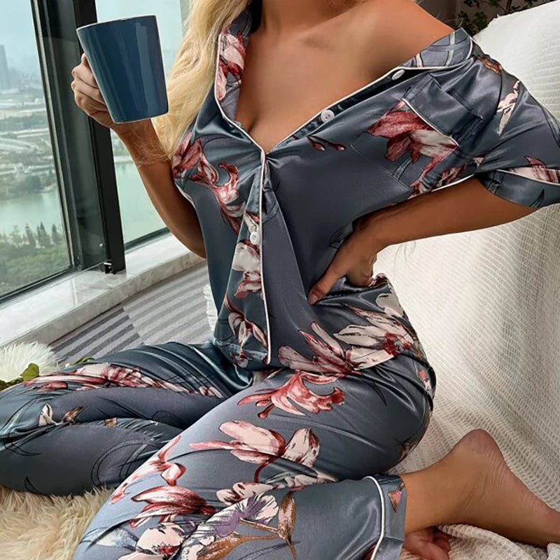 Pyjama Femme 2 piece set Women's Short Sleeve Pajamas Autumn Satin Silk Trousers Suit Pyjamas Set Pjs Mujer Pijama Sleepwear