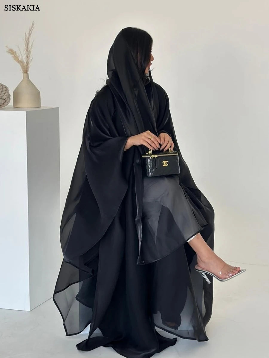 Siskakia New Dubai Mesh Batwing Sleeve Open Kaftans Hijab included Abaya Women's Clothing From Turkey 2025