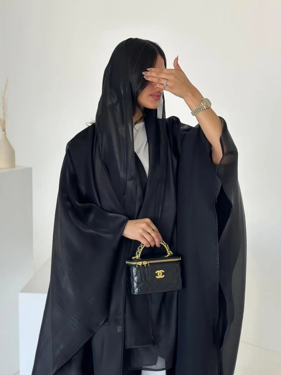 Siskakia New Dubai Mesh Batwing Sleeve Open Kaftans Hijab included Abaya Women's Clothing From Turkey 2025