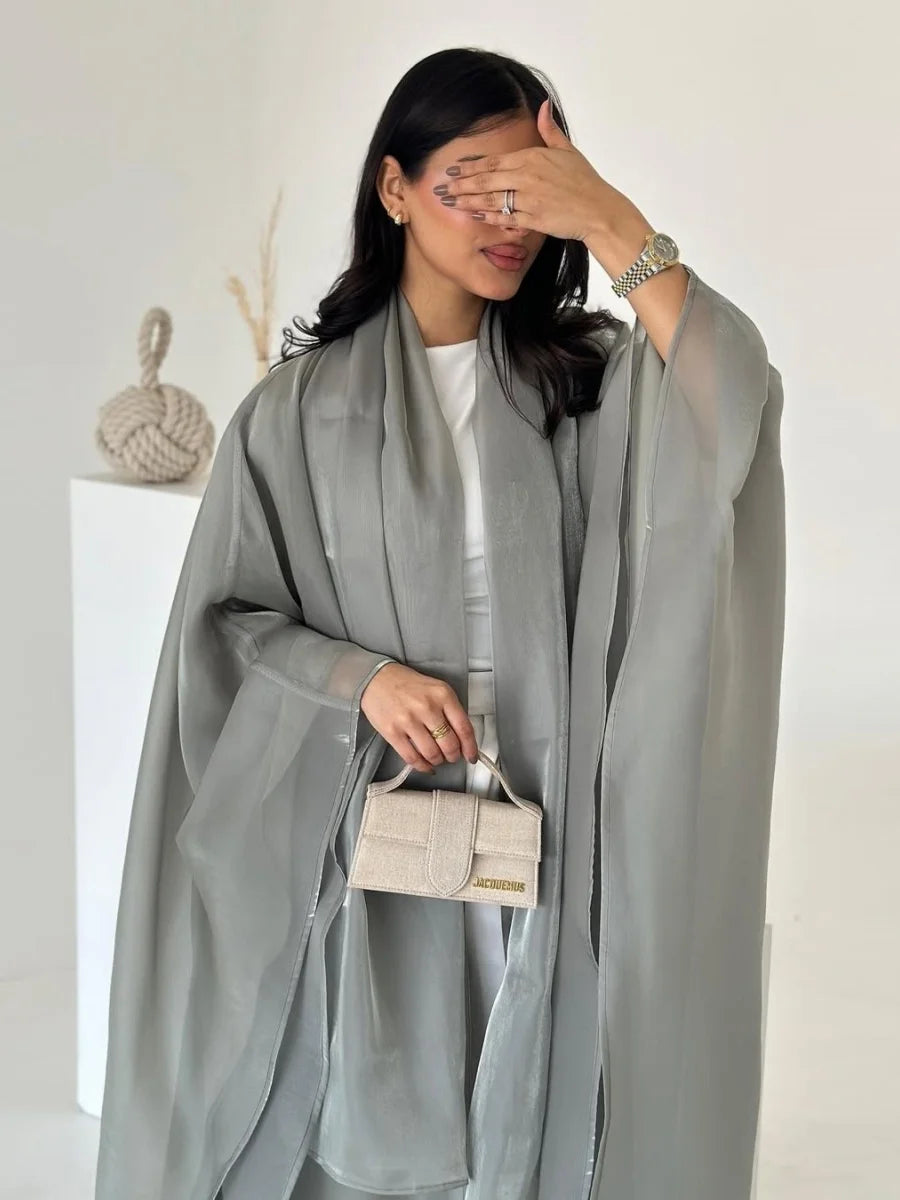 Siskakia New Dubai Mesh Batwing Sleeve Open Kaftans Hijab included Abaya Women's Clothing From Turkey 2025