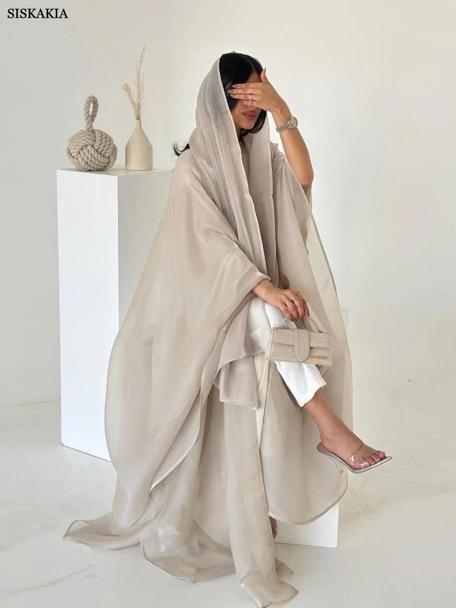 Siskakia New Dubai Mesh Batwing Sleeve Open Kaftans Hijab included Abaya Women's Clothing From Turkey 2025