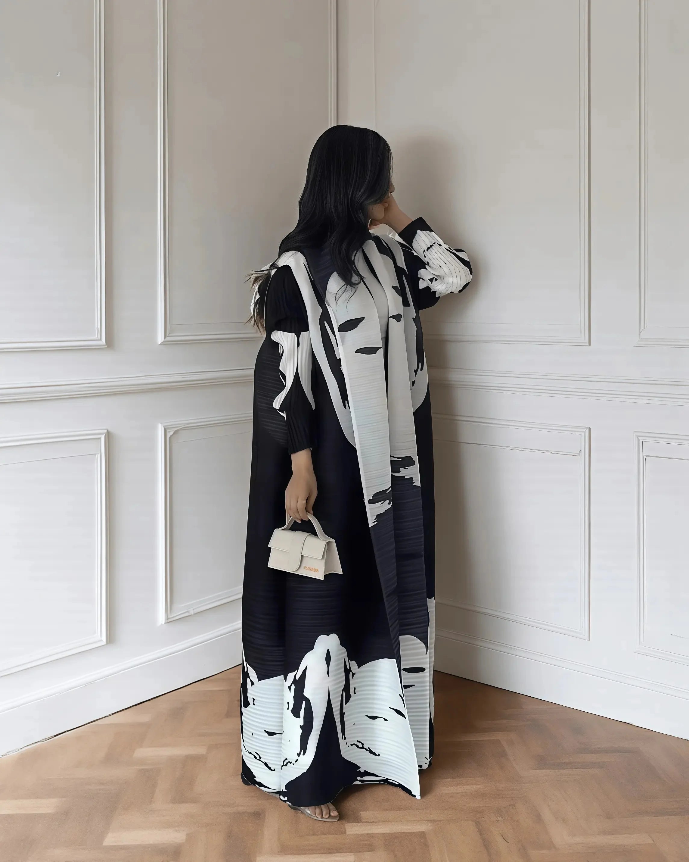 Fold Elegant Vintage Print Open Front Abaya, Lightweight Flowy Loose Fit Women's Modest Fashion Long Kimono Cardigan