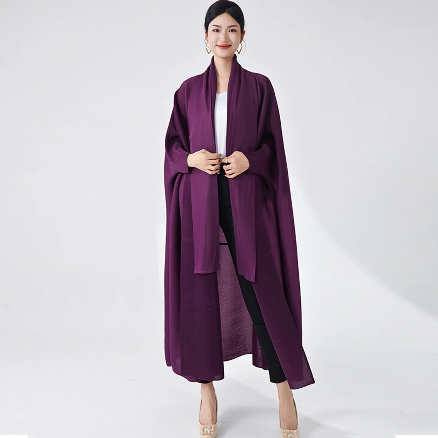 Elegant Pleated Abaya for Women, Long Open Front Islamic Clothing, Customizable Muslim Outerwear Robe for Formal & Casual