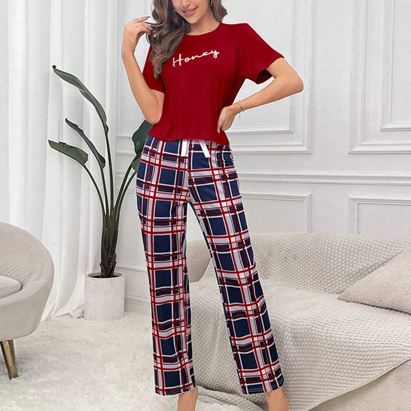 Women's Pajamas Set Casual Home Clothes Soft Comfortable Crew Neck T-Shirt & Plaid Pants Sleepwear Piece Loungewear Pyjama Femme