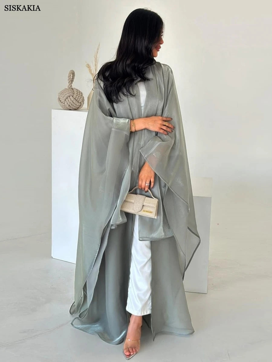 Siskakia New Dubai Mesh Batwing Sleeve Open Kaftans Hijab included Abaya Women's Clothing From Turkey 2025