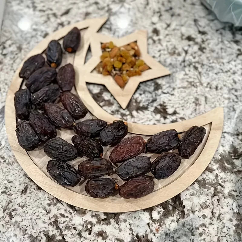 Ramadan Wooden Moon Star Tray Dessert Snack Plate Islamic Muslim Holiday Decoration For Home Decor Birthday Party Festival Celeb