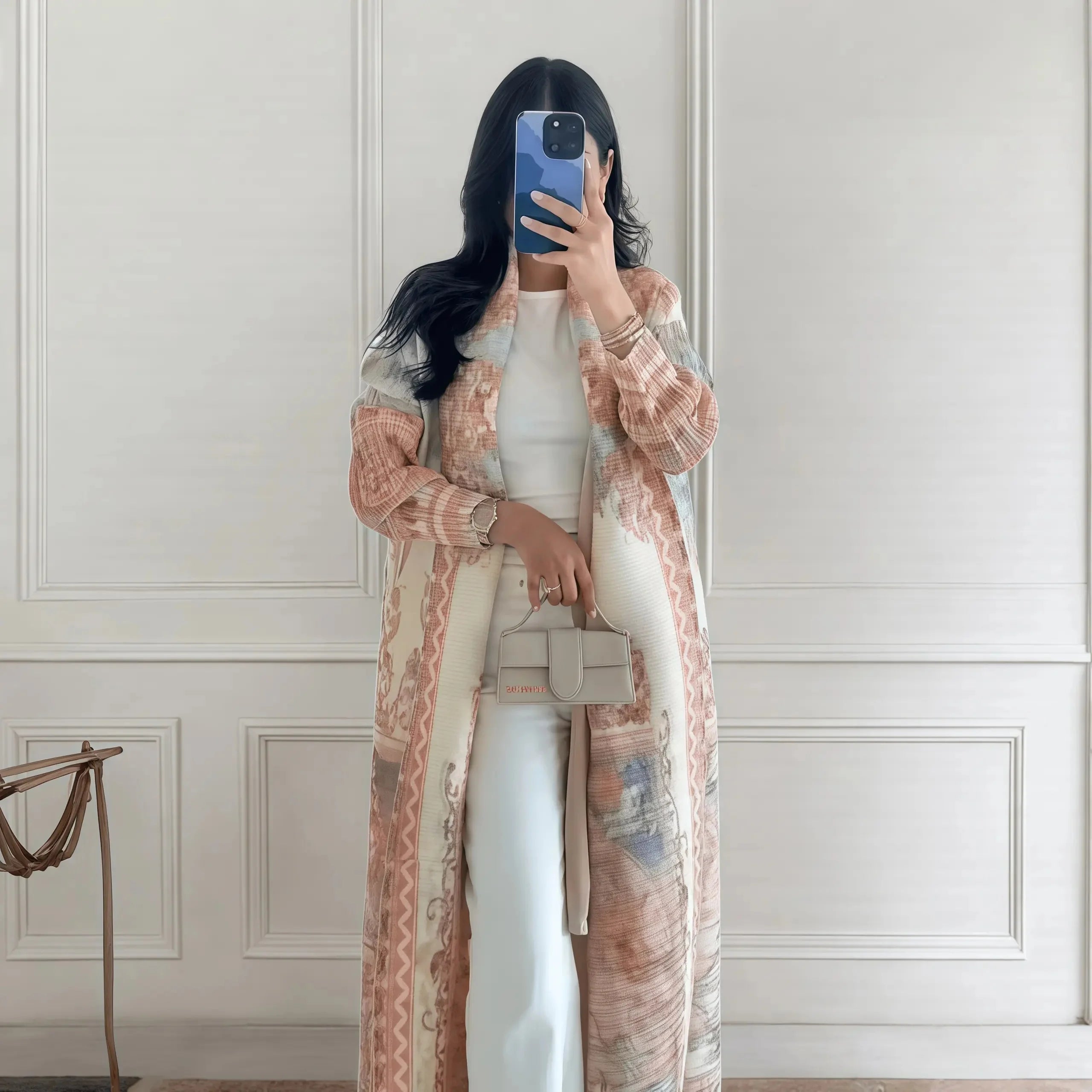 Fold Elegant Vintage Print Open Front Abaya, Lightweight Flowy Loose Fit Women's Modest Fashion Long Kimono Cardigan