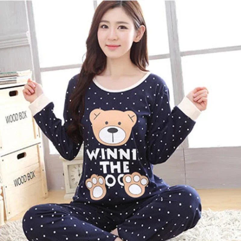 Autumn 2pieces Pyjamas Set Women Thin Sexy Sleepwear Lovely Home Suit 2025 Round Neck Girls Teacup SleepwearLong Sleeve Pajamas