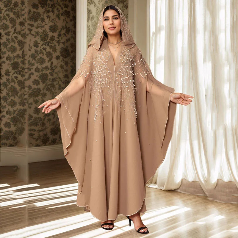 Eid Muslim Dress for Women Bat Sleeve Abaya Luxury Diamond Flower Party Dresses 2025 New Kaftan Cardigan Chiffon Long Robe Lady