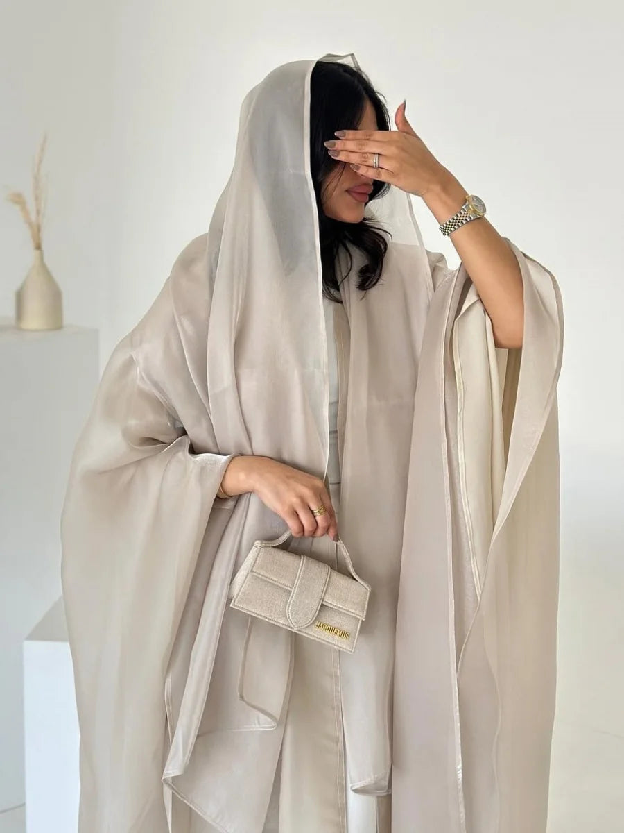 Siskakia New Dubai Mesh Batwing Sleeve Open Kaftans Hijab included Abaya Women's Clothing From Turkey 2025