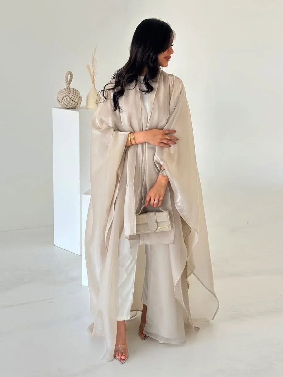 Siskakia New Dubai Mesh Batwing Sleeve Open Kaftans Hijab included Abaya Women's Clothing From Turkey 2025