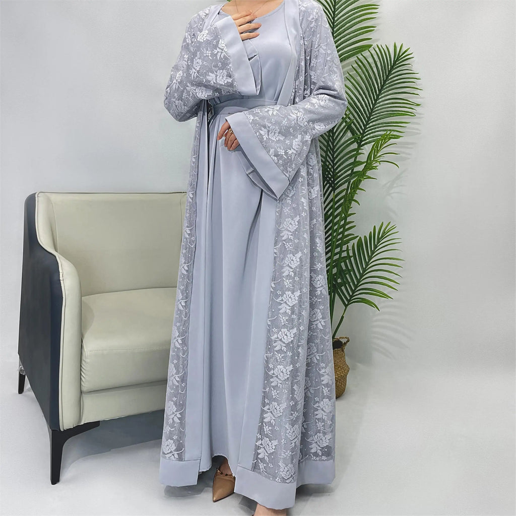Lace two-piece outfit lace abaya inner dress and cardigan, nida abaya muslim dres