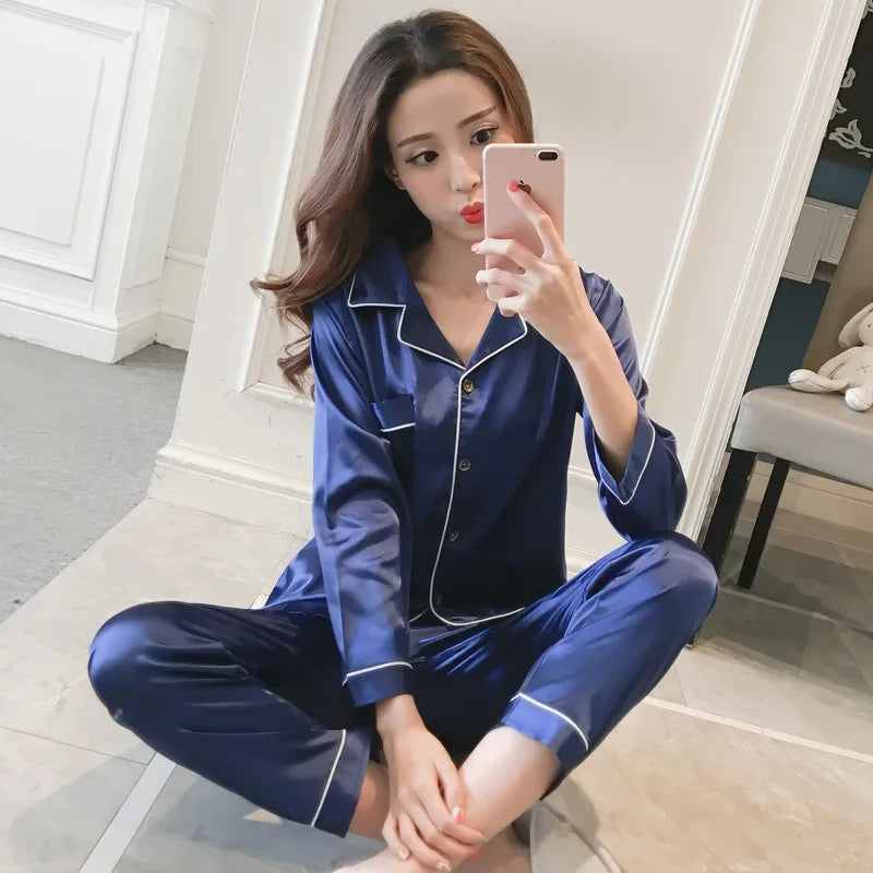 Pajamas Sets for Women 2025 Sexy Silk Women Pijama Sets Sleepwear Long-sleeve Cardigan Set Female Ice Silk Pyjamas Home Clothing