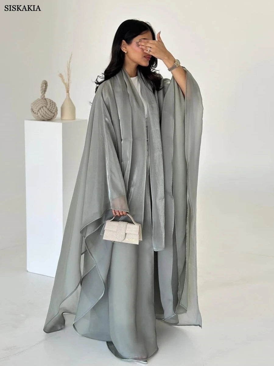 Siskakia New Dubai Mesh Batwing Sleeve Open Kaftans Hijab included Abaya Women's Clothing From Turkey 2025