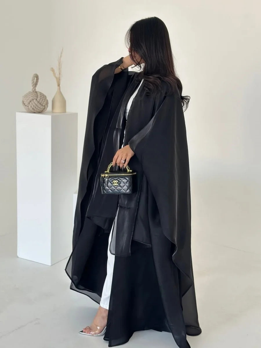 Siskakia New Dubai Mesh Batwing Sleeve Open Kaftans Hijab included Abaya Women's Clothing From Turkey 2025