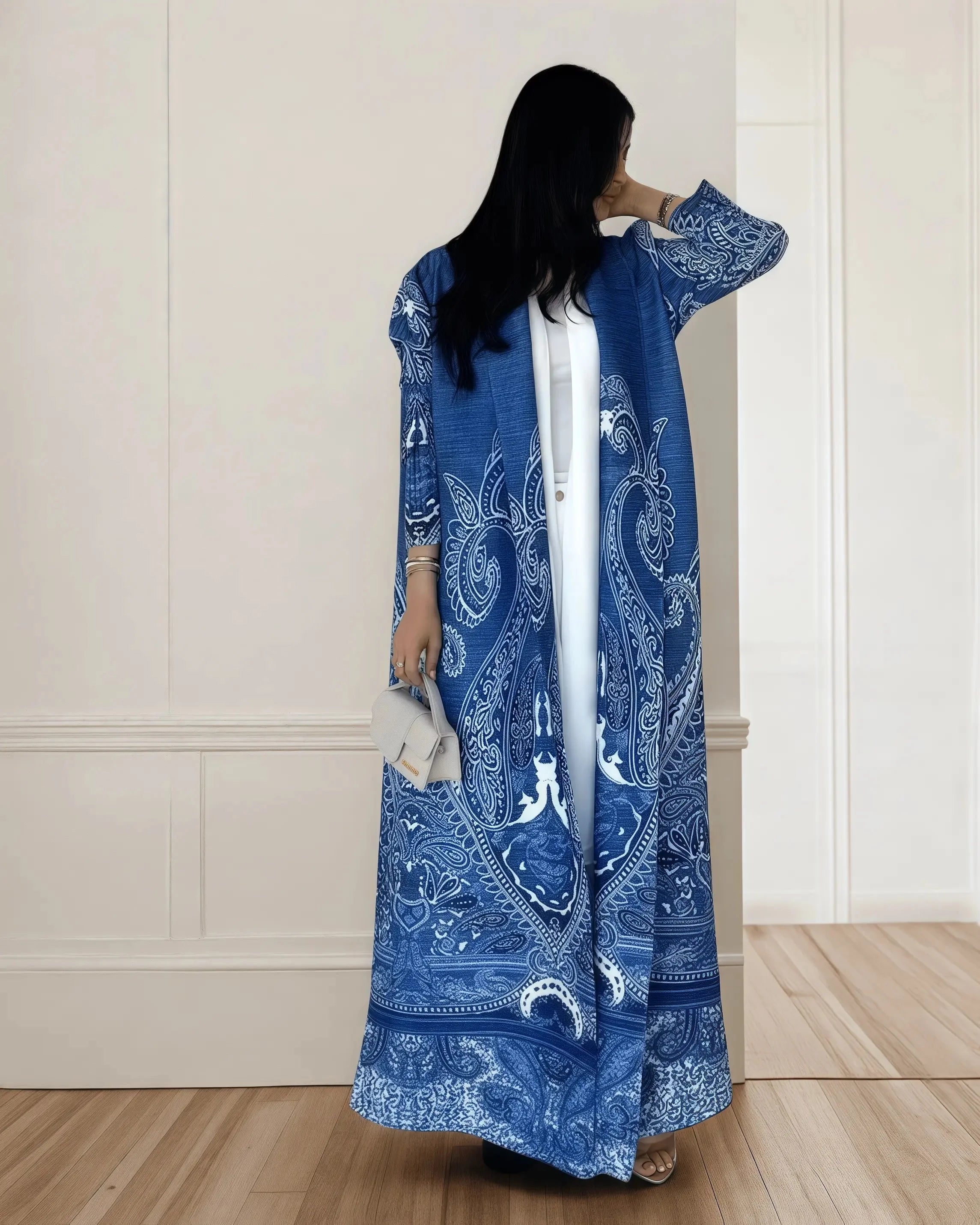 Fold Elegant Vintage Print Open Front Abaya, Lightweight Flowy Loose Fit Women's Modest Fashion Long Kimono Cardigan