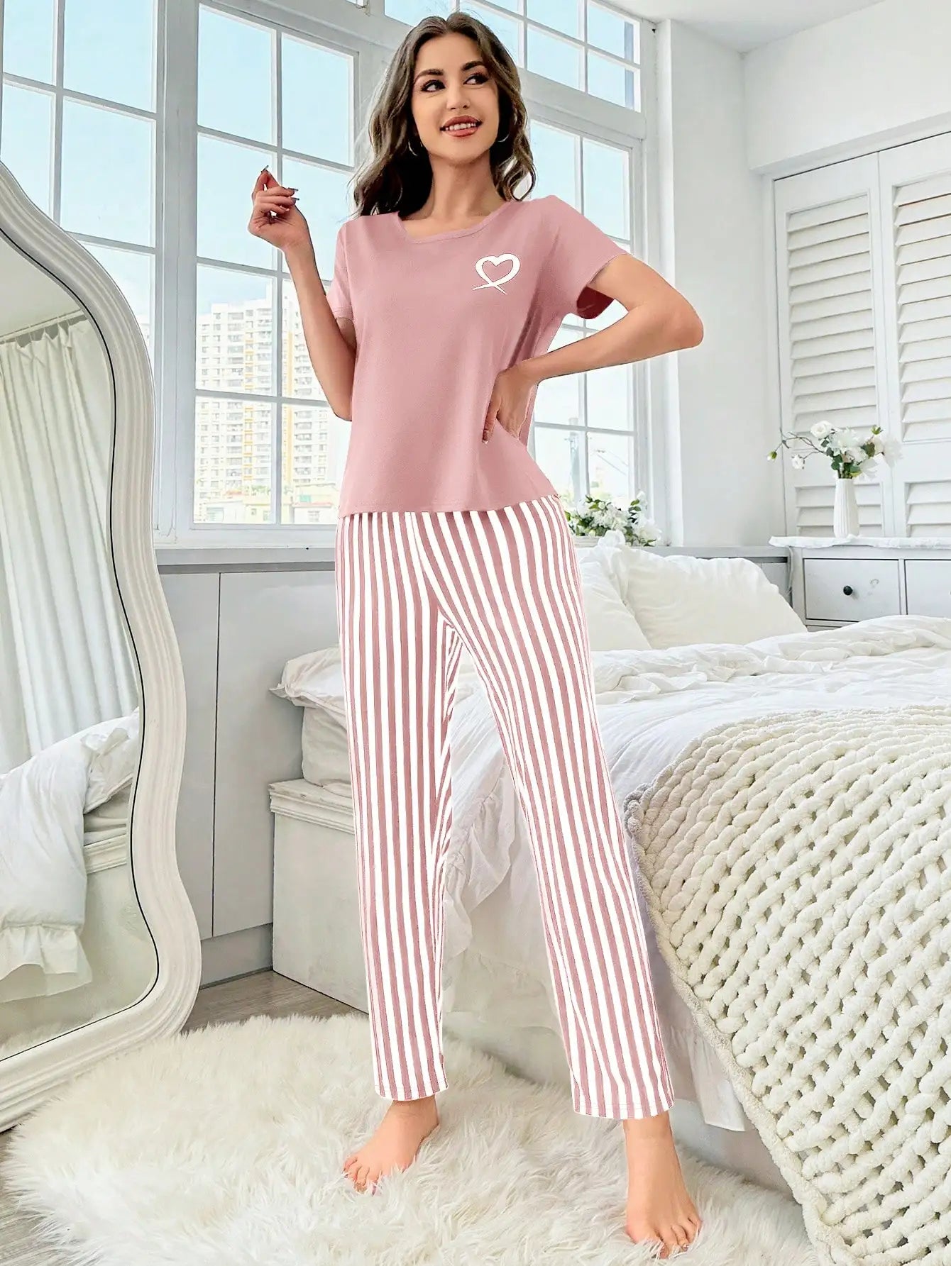 Women's pajamas new style love short sleeve striped pants two-piece elegant casual home outfit