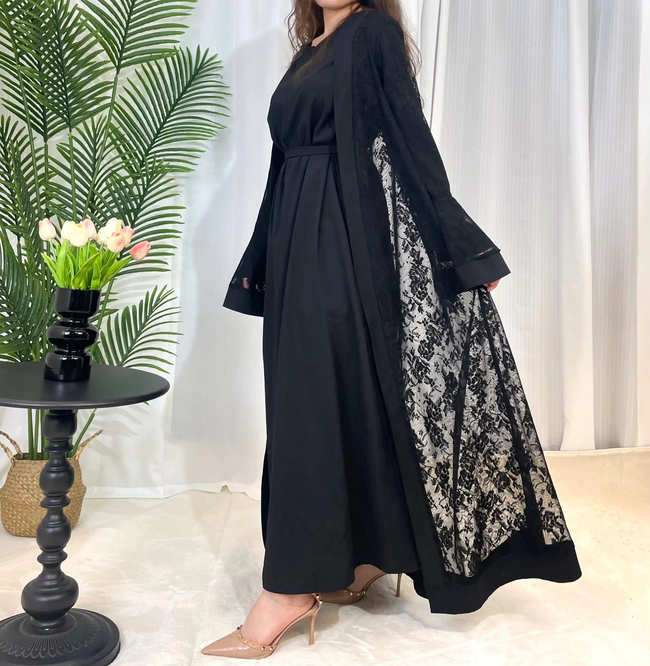 Lace two-piece outfit lace abaya inner dress and cardigan, nida abaya muslim dres