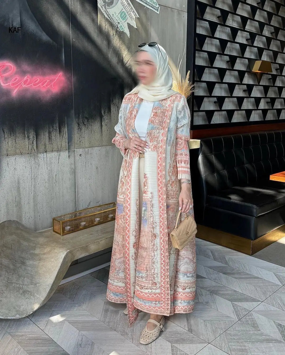 Fold Elegant Vintage Print Open Front Abaya, Lightweight Flowy Loose Fit Women's Modest Fashion Long Kimono Cardigan