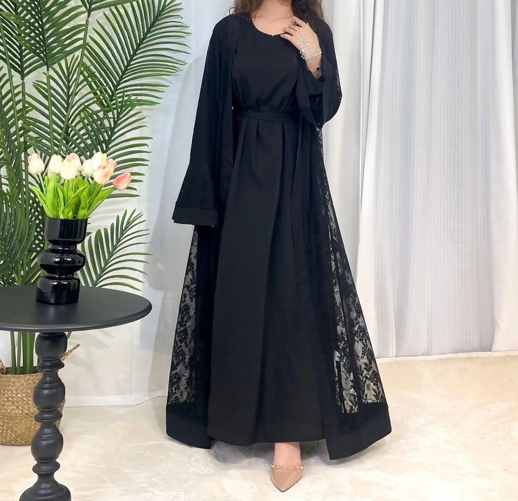 Lace two-piece outfit lace abaya inner dress and cardigan, nida abaya muslim dres