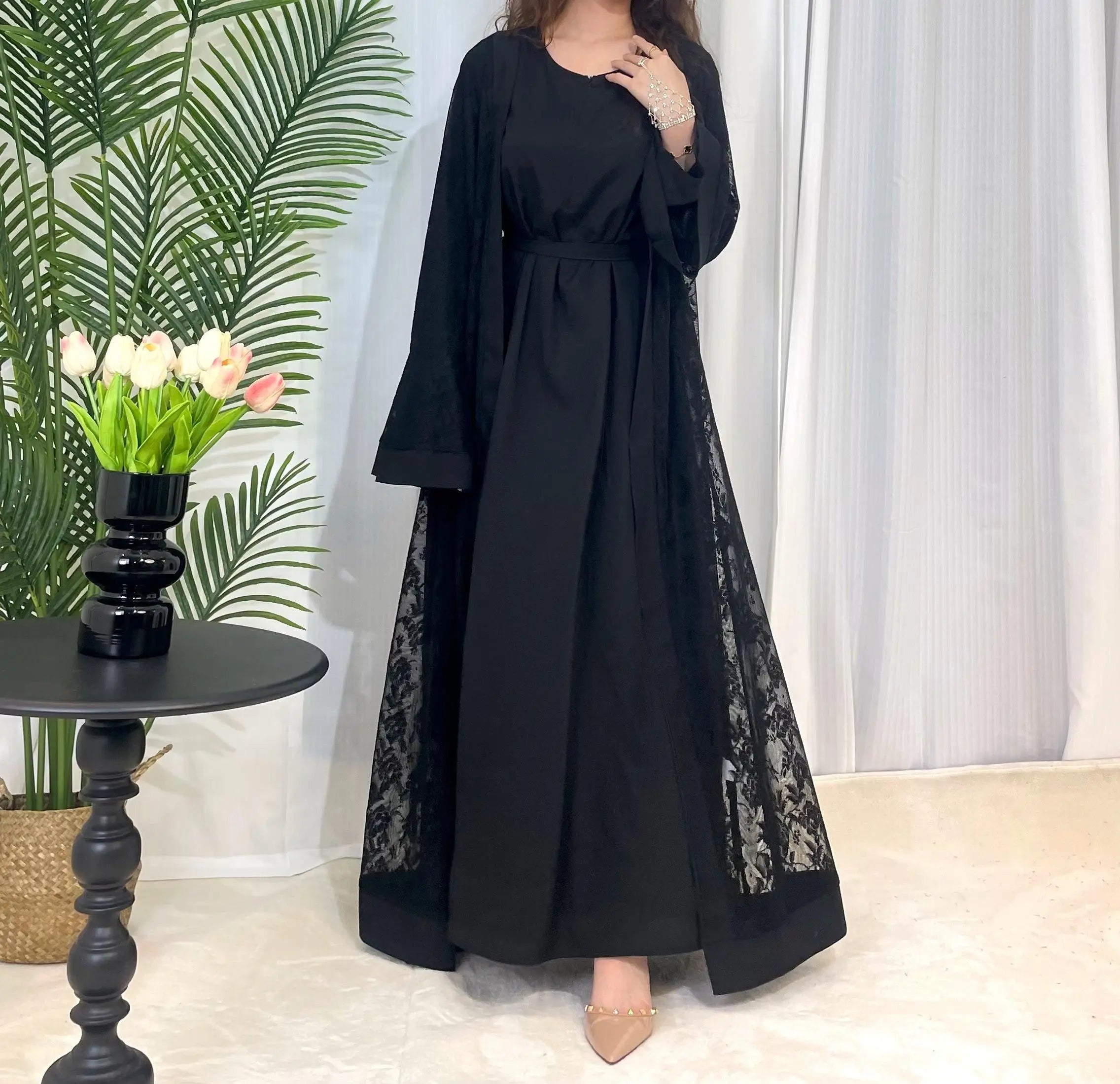 Lace two-piece outfit lace abaya inner dress and cardigan, nida abaya muslim dres