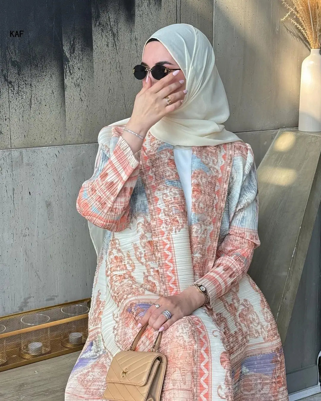 Fold Elegant Vintage Print Open Front Abaya, Lightweight Flowy Loose Fit Women's Modest Fashion Long Kimono Cardigan