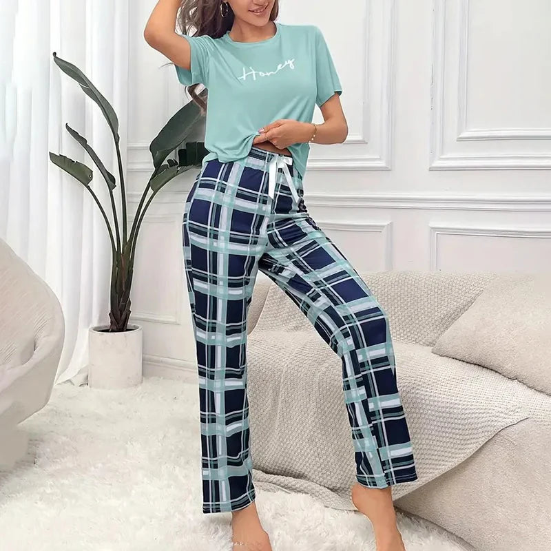 Women's Pajamas Set Casual Home Clothes Soft Comfortable Crew Neck T-Shirt & Plaid Pants Sleepwear Piece Loungewear Pyjama Femme