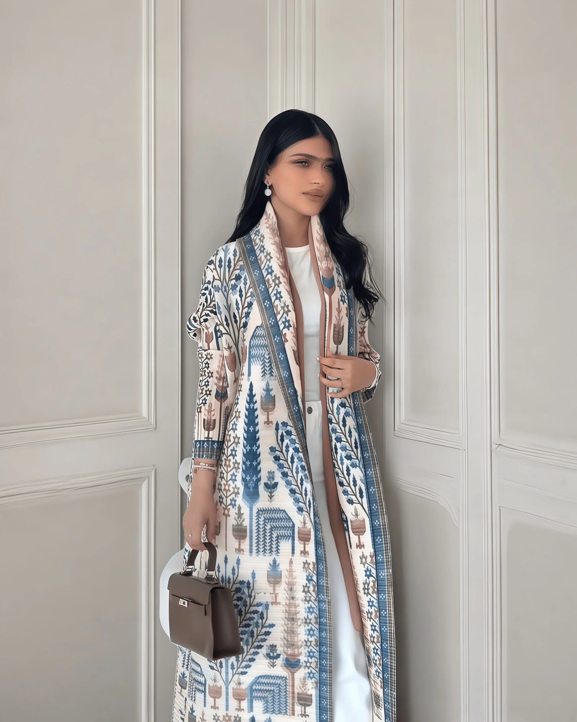 Fold Elegant Vintage Print Open Front Abaya, Lightweight Flowy Loose Fit Women's Modest Fashion Long Kimono Cardigan