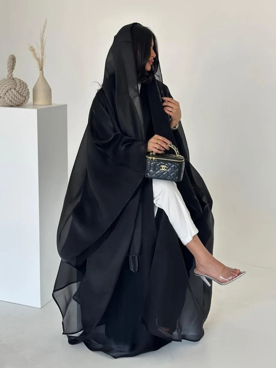 Siskakia New Dubai Mesh Batwing Sleeve Open Kaftans Hijab included Abaya Women's Clothing From Turkey 2025