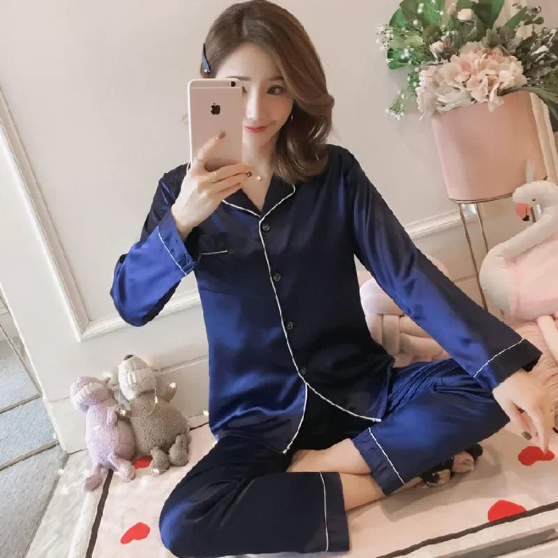 Pajamas Sets for Women 2025 Sexy Silk Women Pijama Sets Sleepwear Long-sleeve Cardigan Set Female Ice Silk Pyjamas Home Clothing