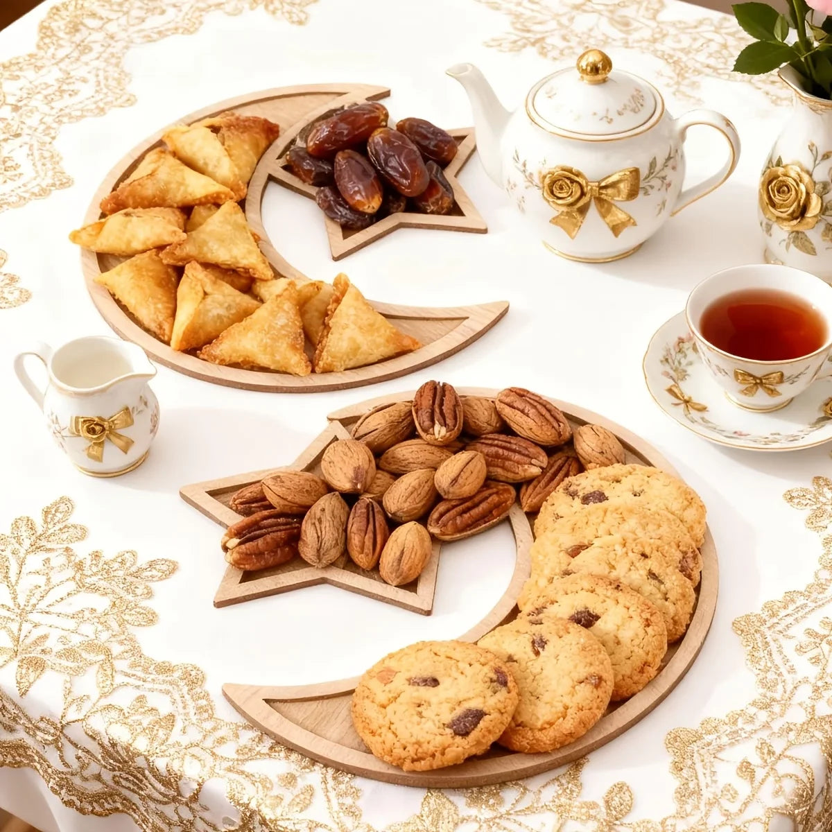Ramadan Wooden Moon Star Tray Dessert Snack Plate Islamic Muslim Holiday Decoration For Home Decor Birthday Party Festival Celeb