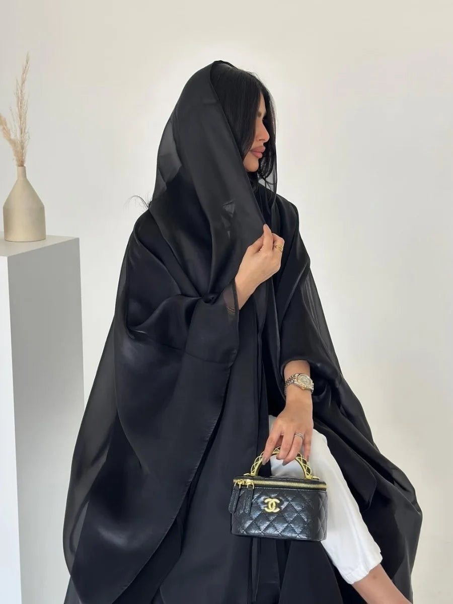Siskakia New Dubai Mesh Batwing Sleeve Open Kaftans Hijab included Abaya Women's Clothing From Turkey 2025